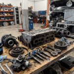 Mecânico verificando a compatibilidade de peça em van diesel durante manutenção automotiva