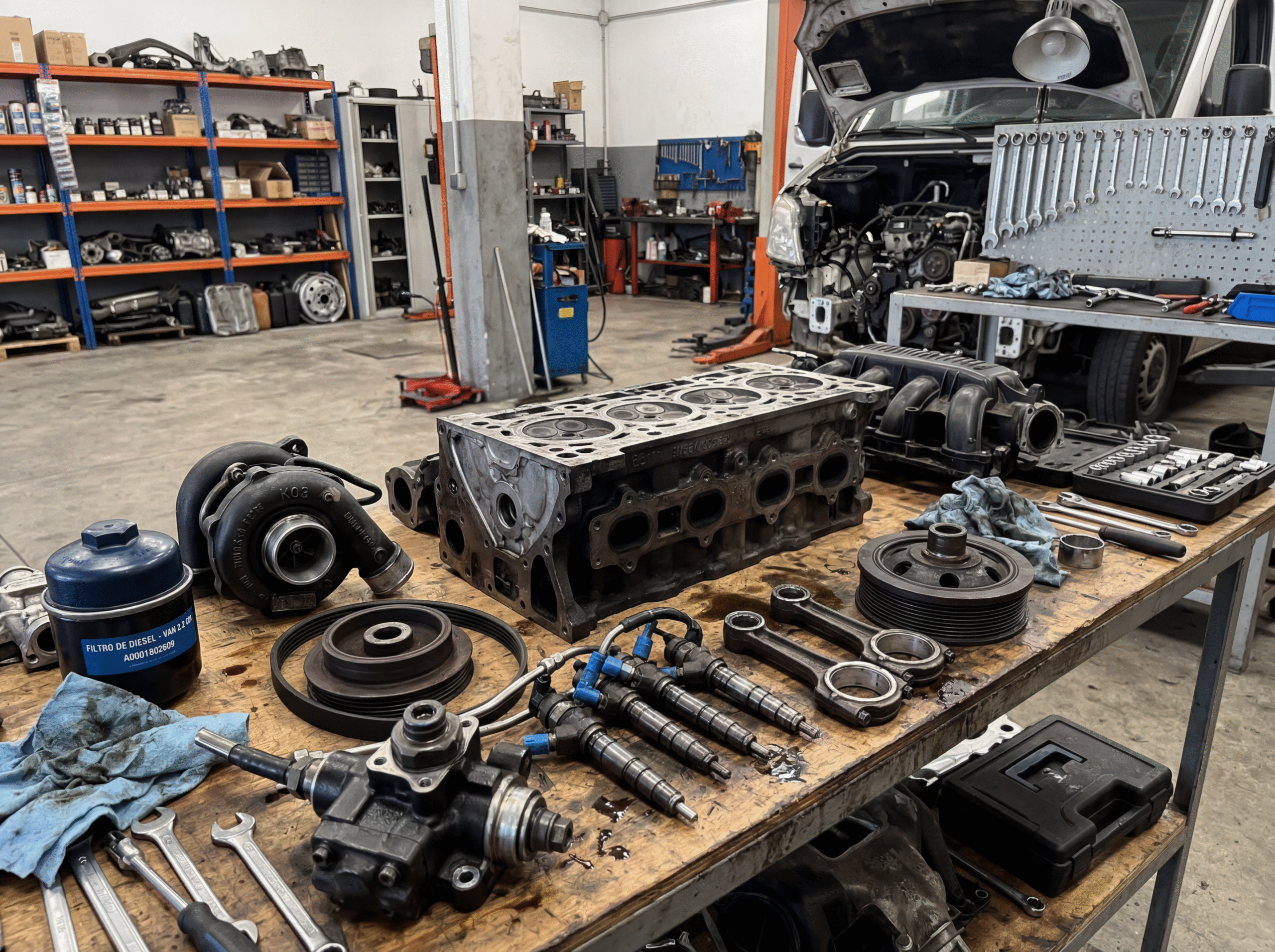 Mecânico verificando a compatibilidade de peça em van diesel durante manutenção automotiva
